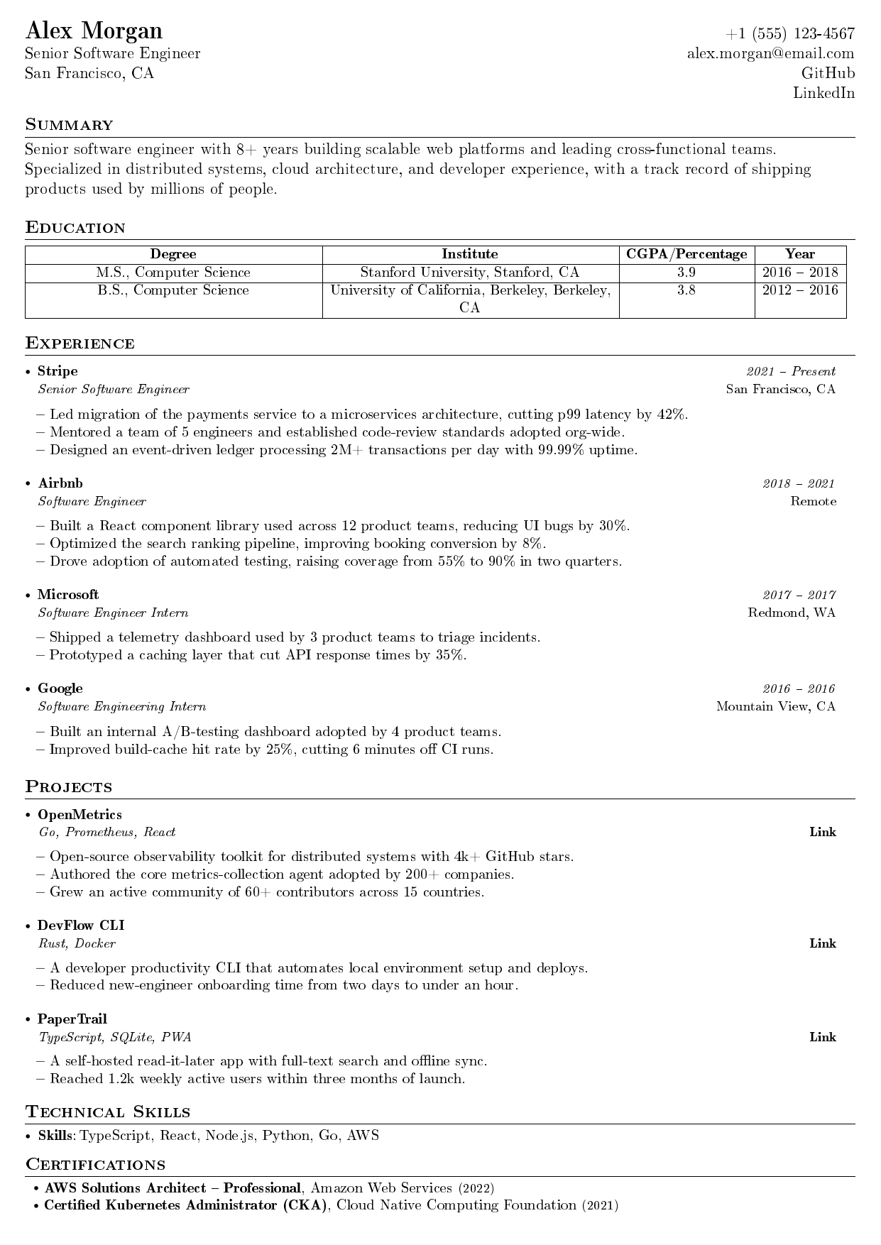 Salesforce Developer LaTeX resume template
