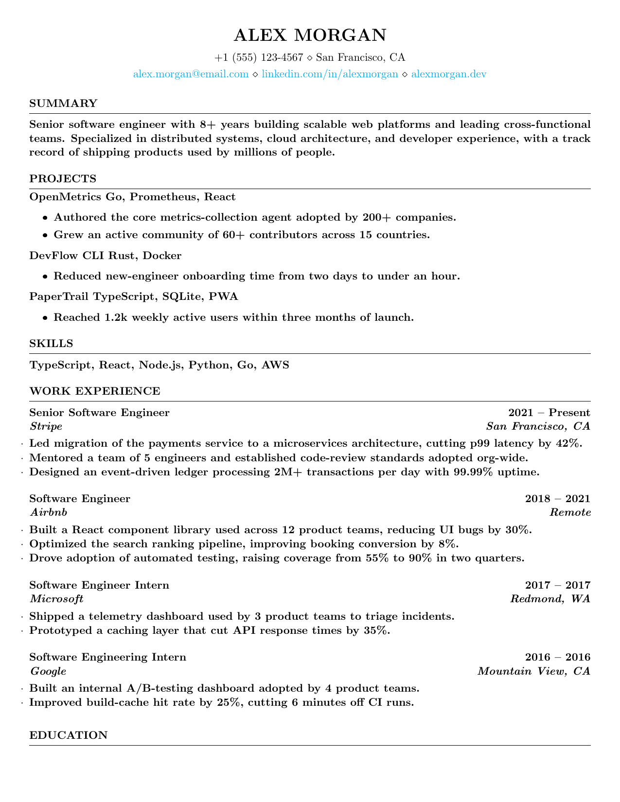 Software Developer Intern LaTeX resume template preview