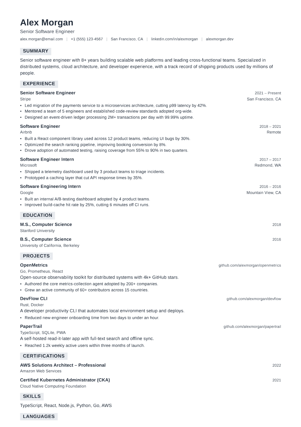 Senior Site Reliability Engineer resume template
