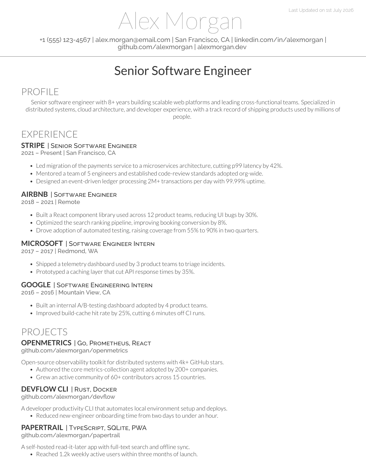 Deedy Resume (OpenFont) LaTeX resume template
