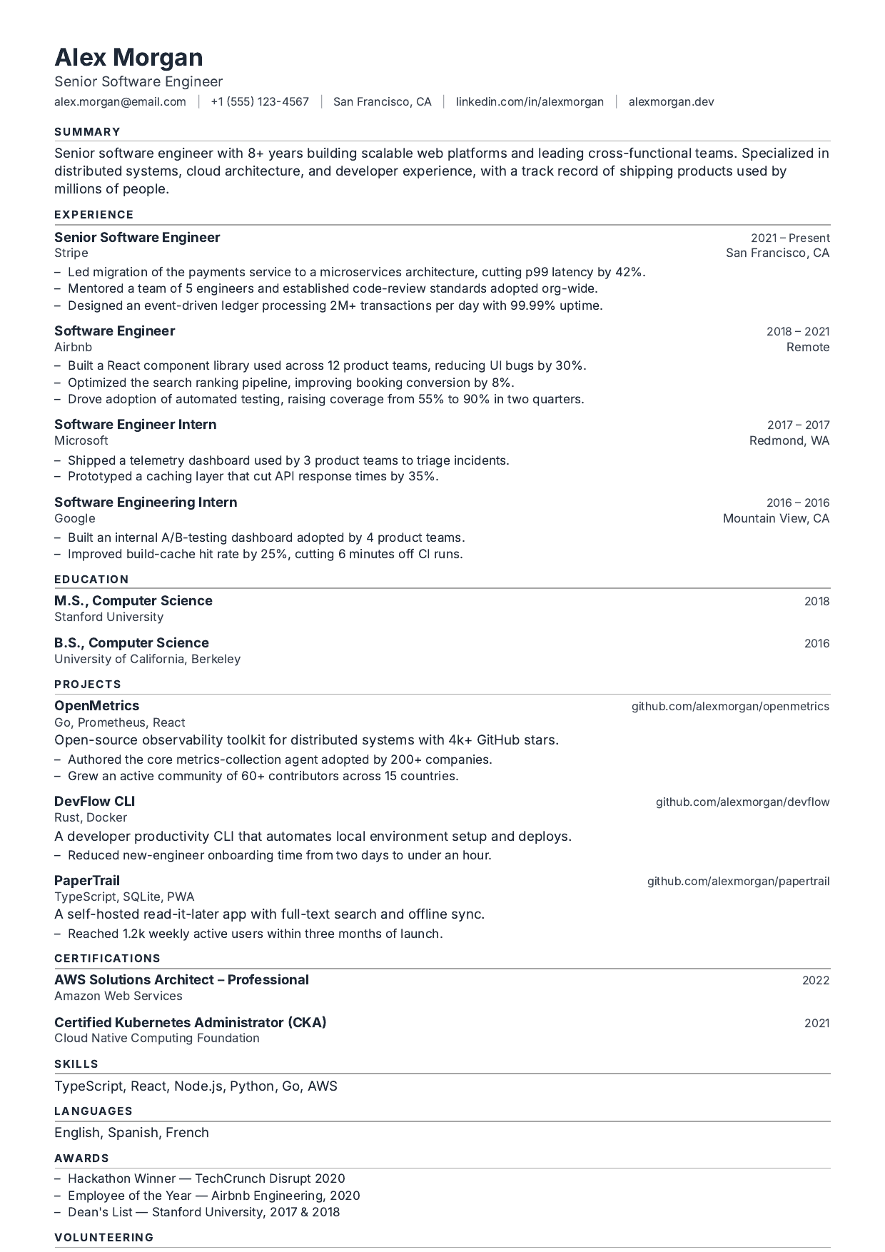 Principal Software Engineer resume template