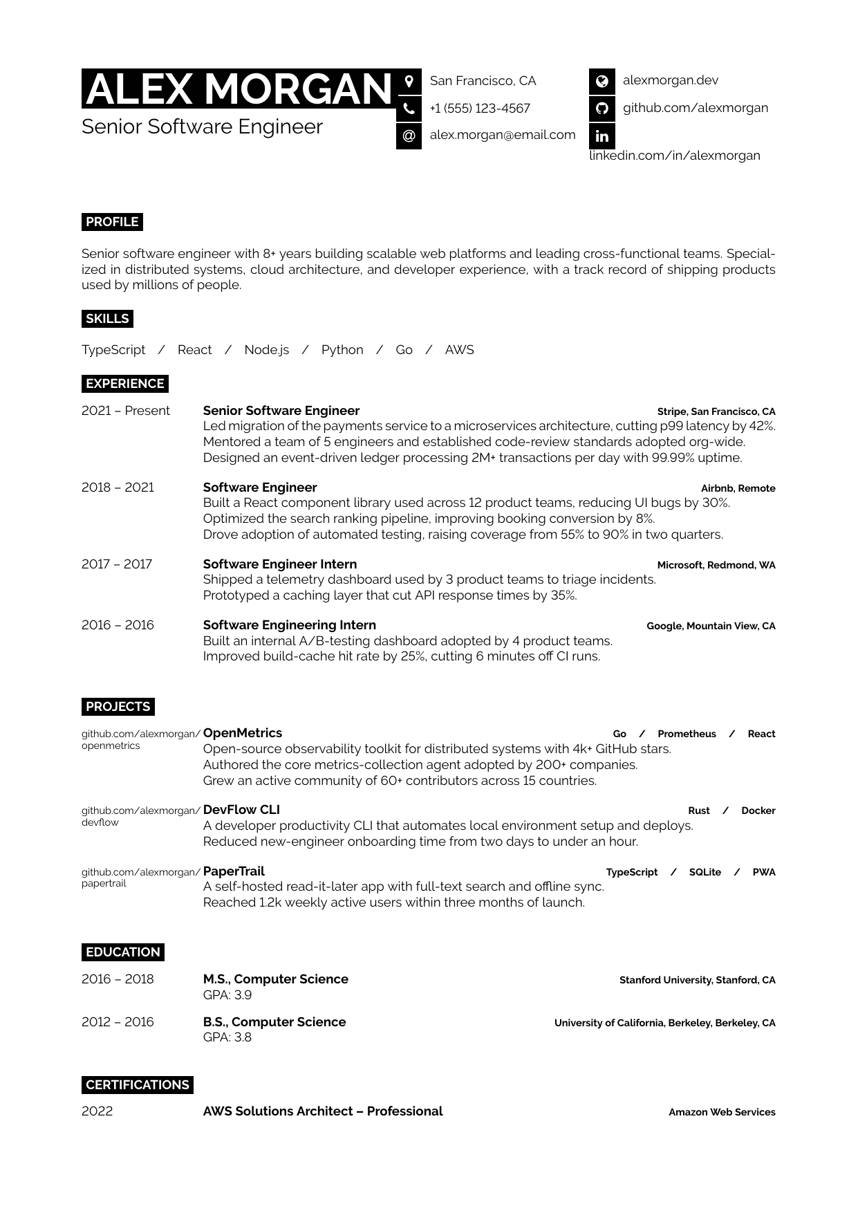 Developer CV LaTeX resume template