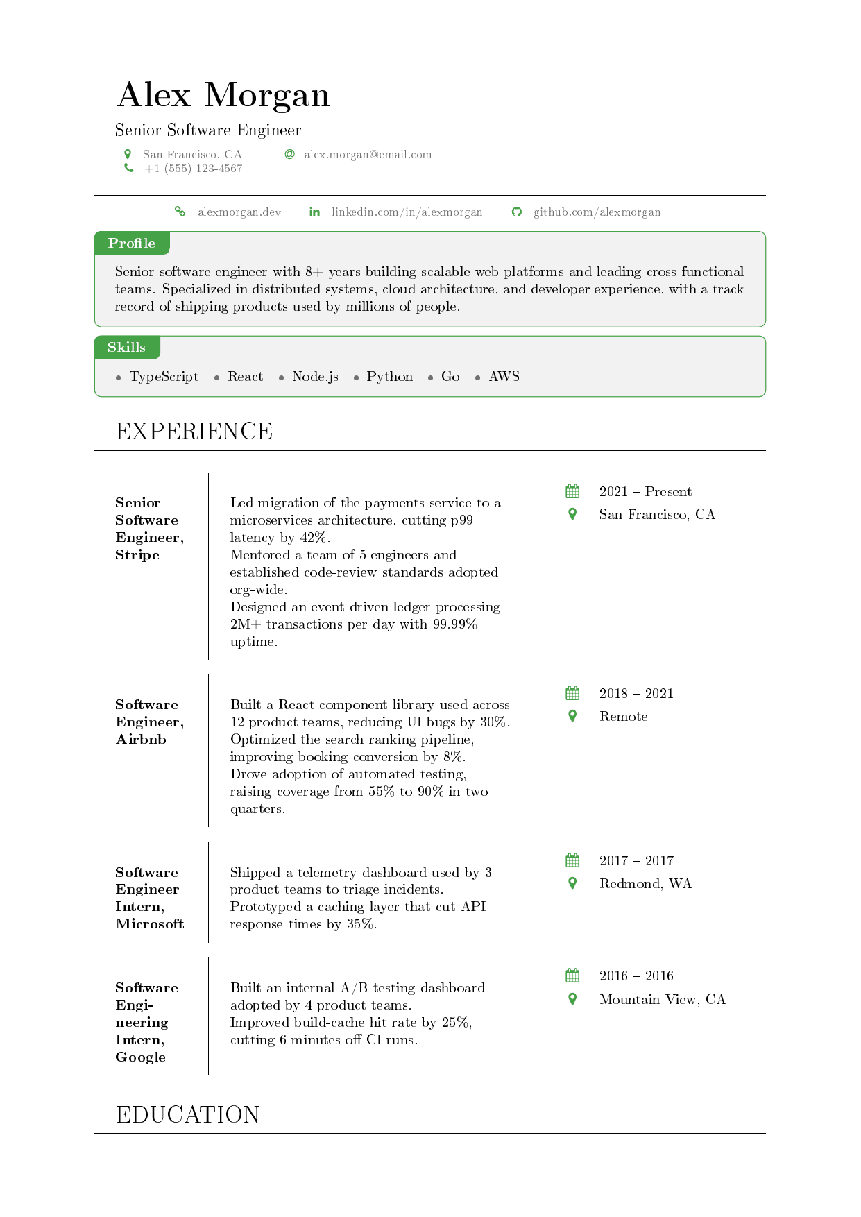 Restaurant Manager LaTeX resume template