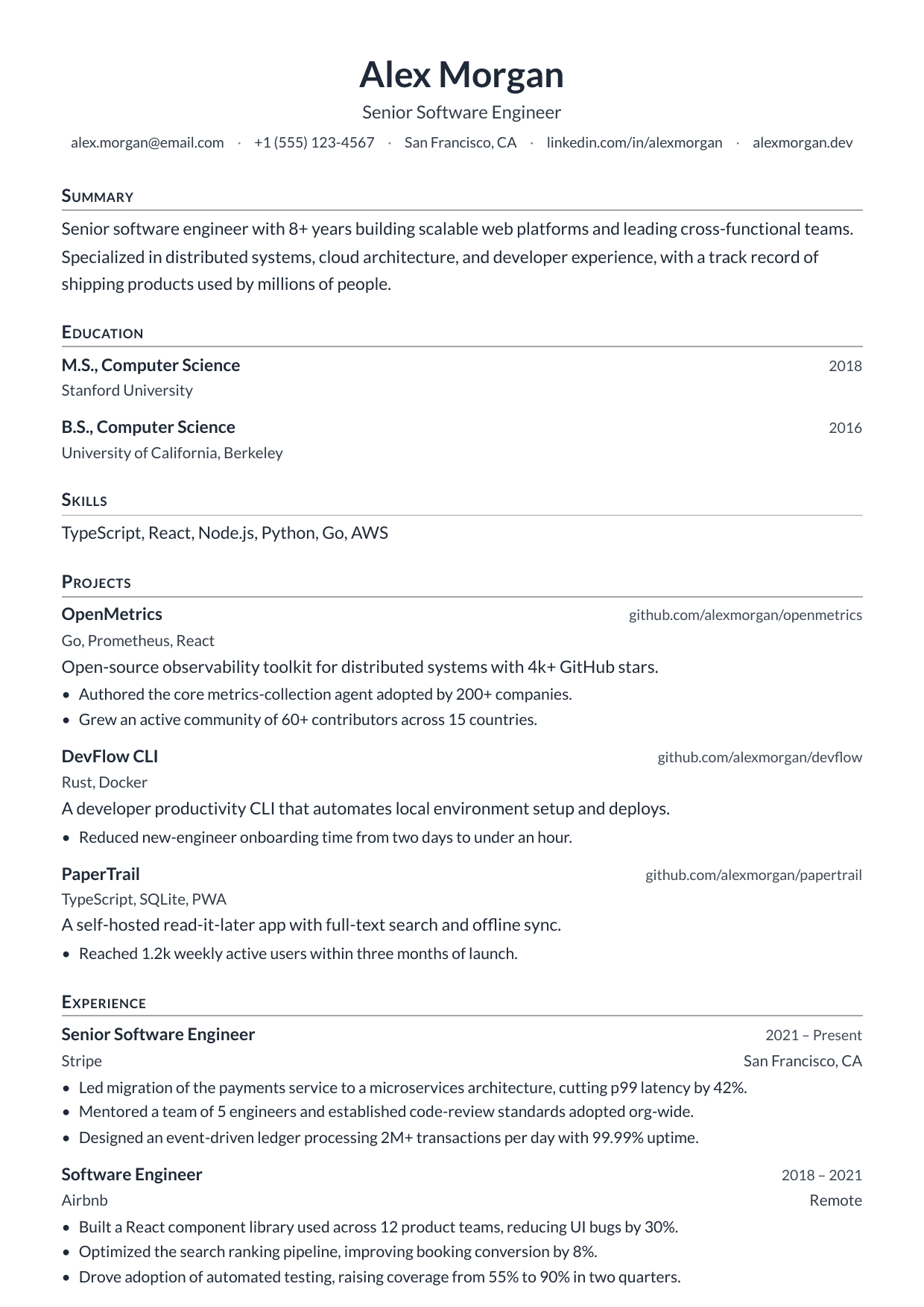 Software Engineering Intern resume template