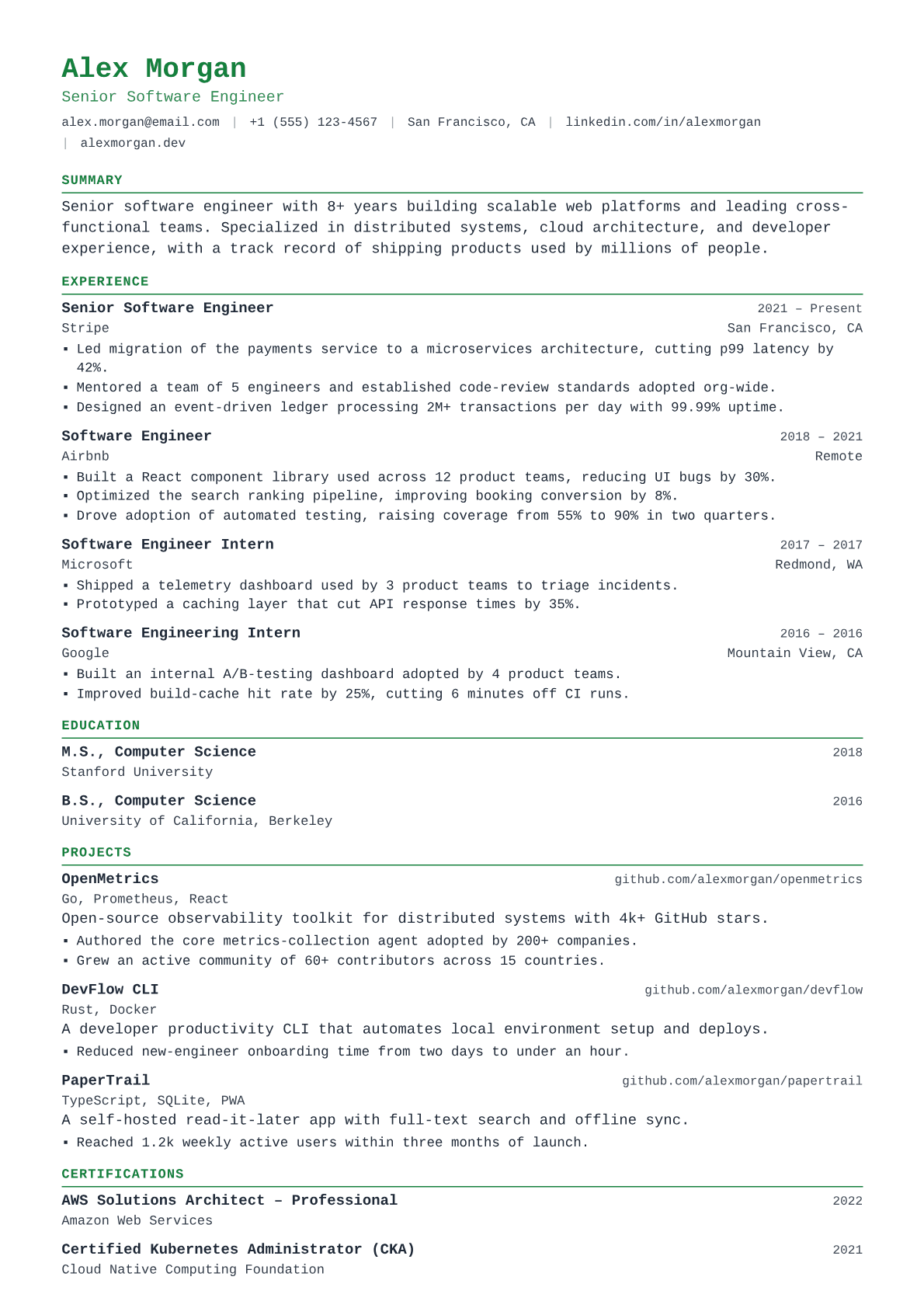 Backend Engineer resume template