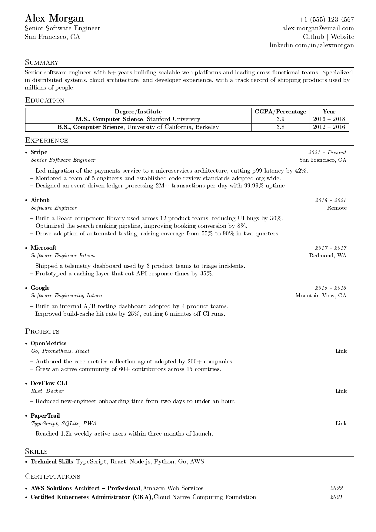 Software Development Intern LaTeX resume template