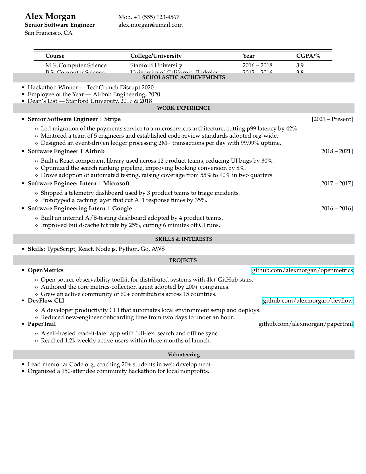 ISI Kolkata Resume LaTeX resume template preview