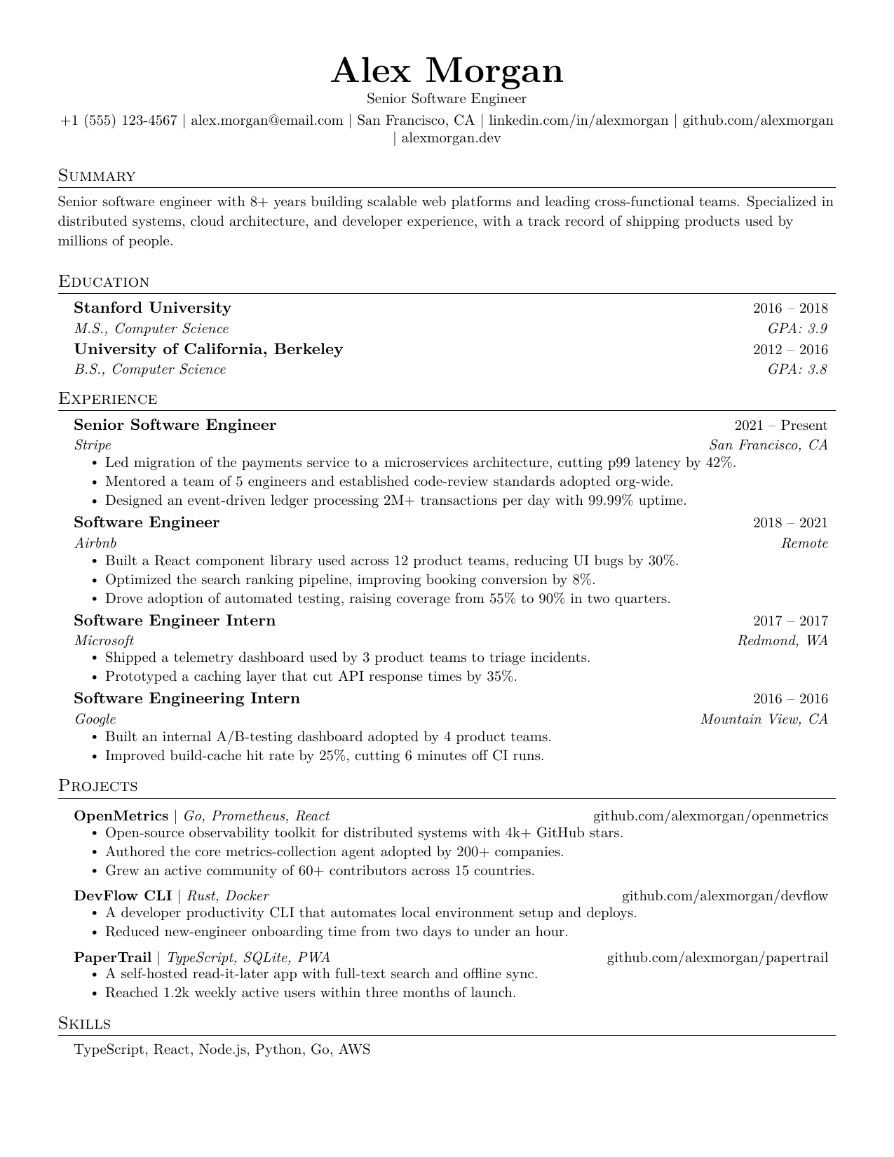 Software Engineer resume template