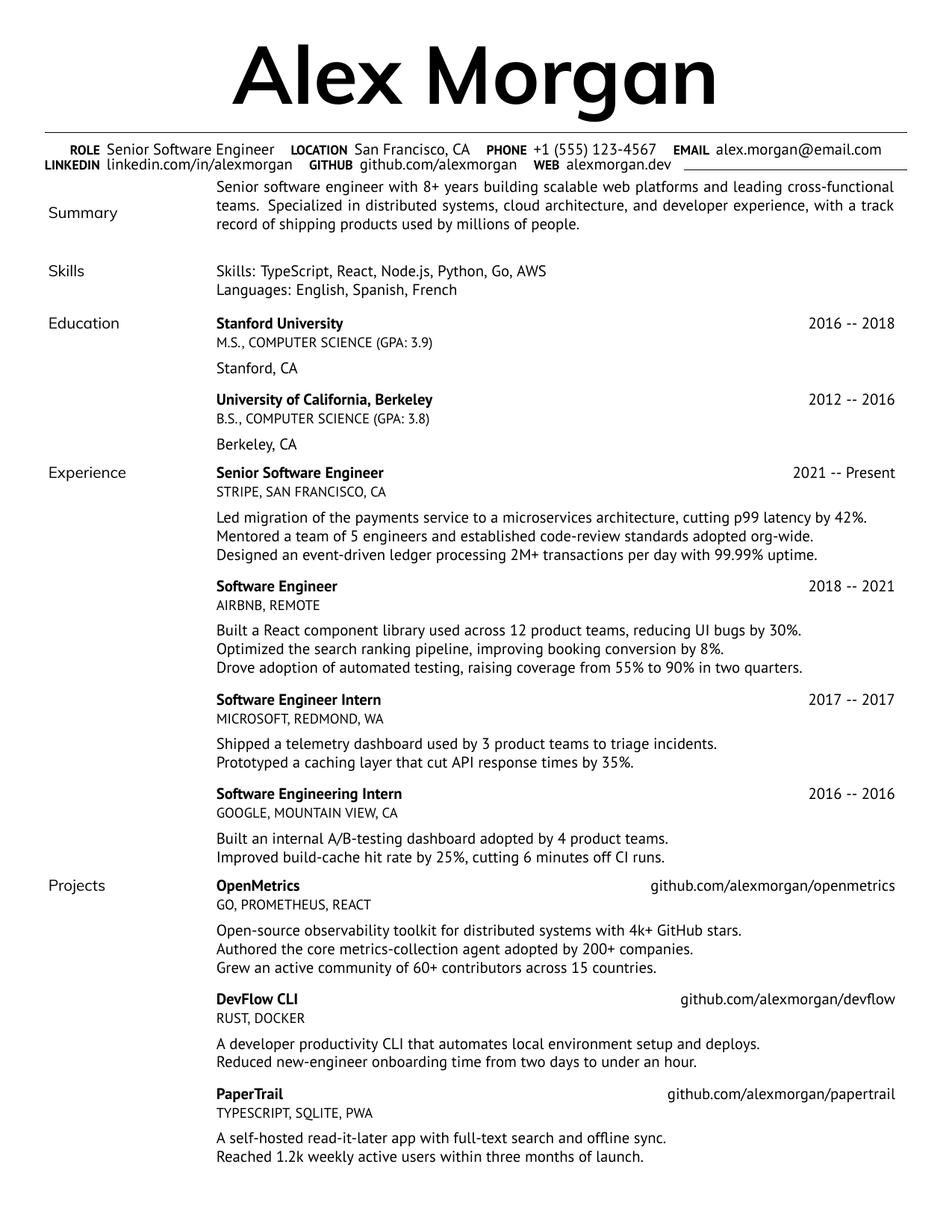 Software Architect LaTeX resume template