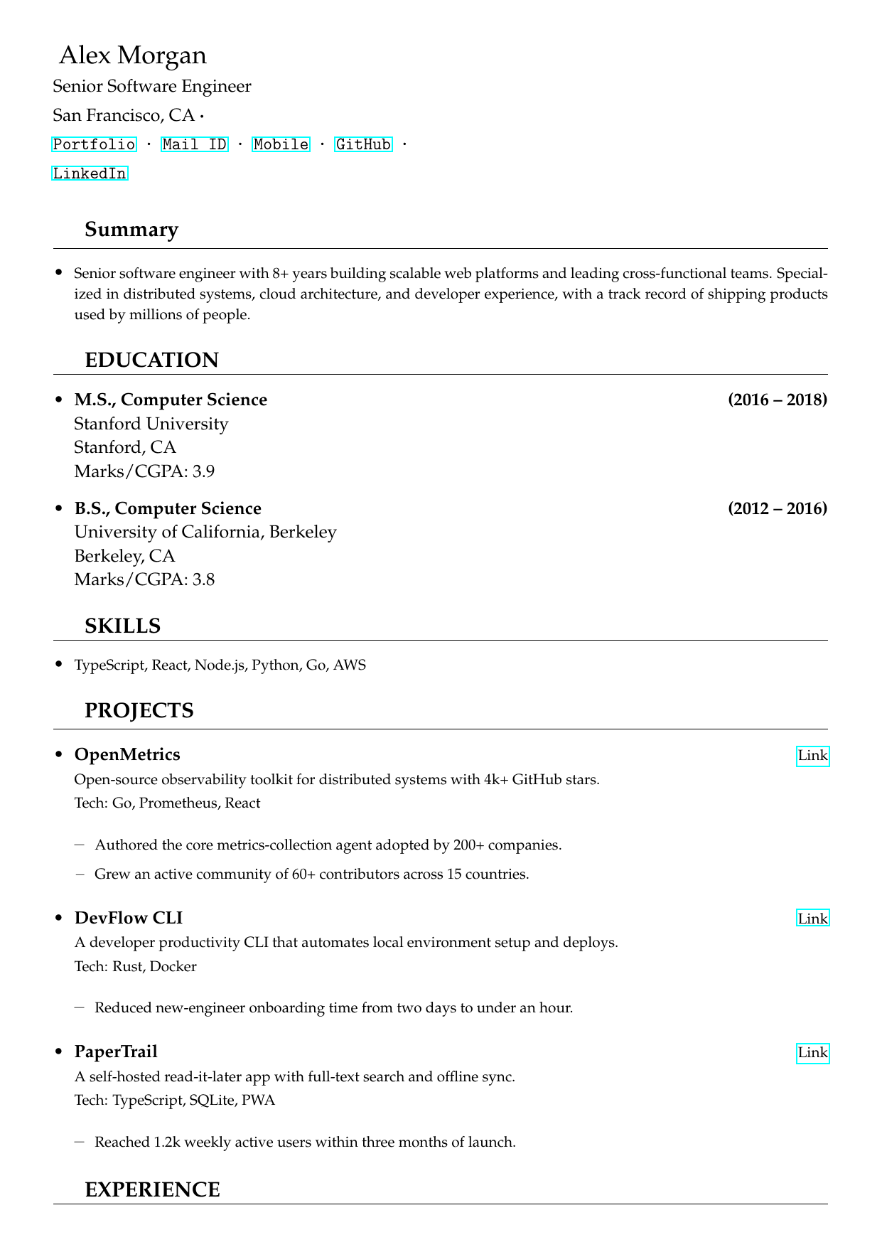 Waiter/Waitress LaTeX resume template