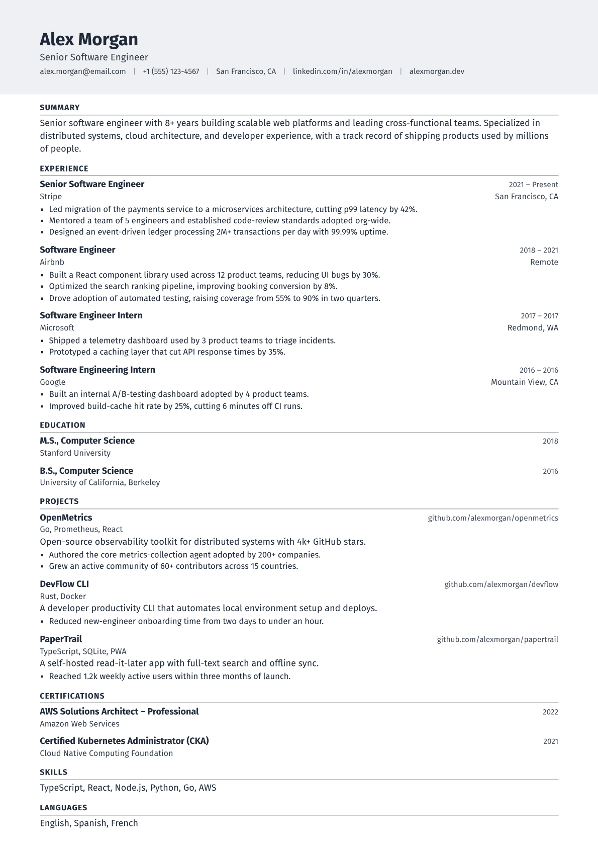 Principal Software Engineer resume template