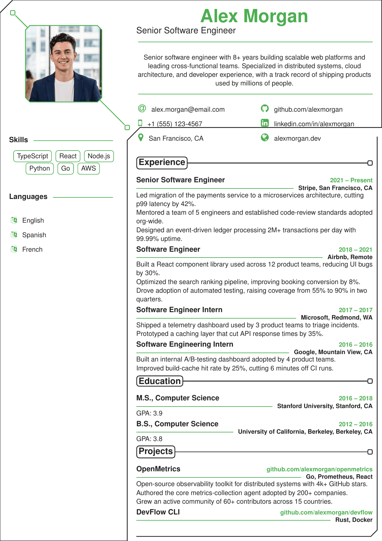 Data Engineer LaTeX resume template