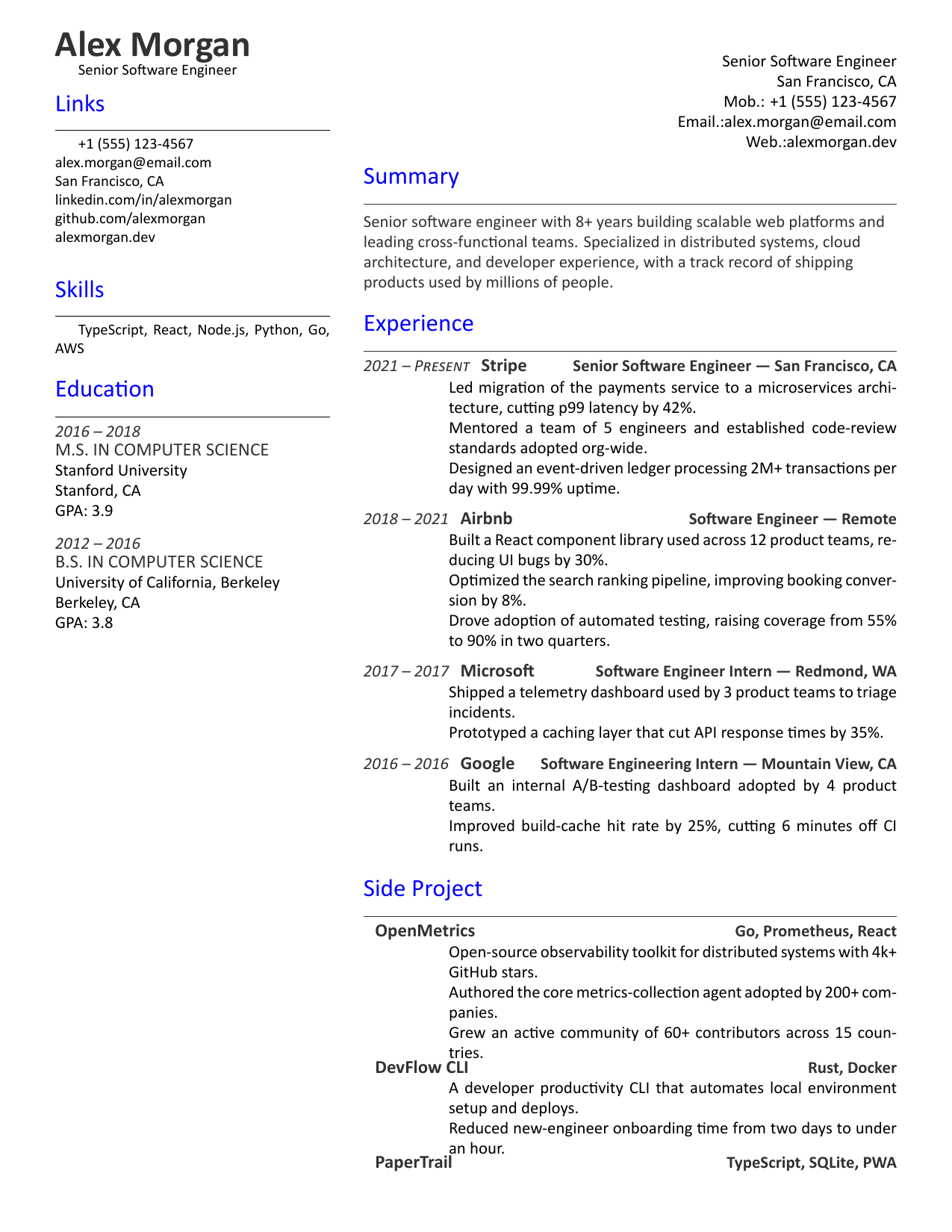 Front-End Developer LaTeX resume template