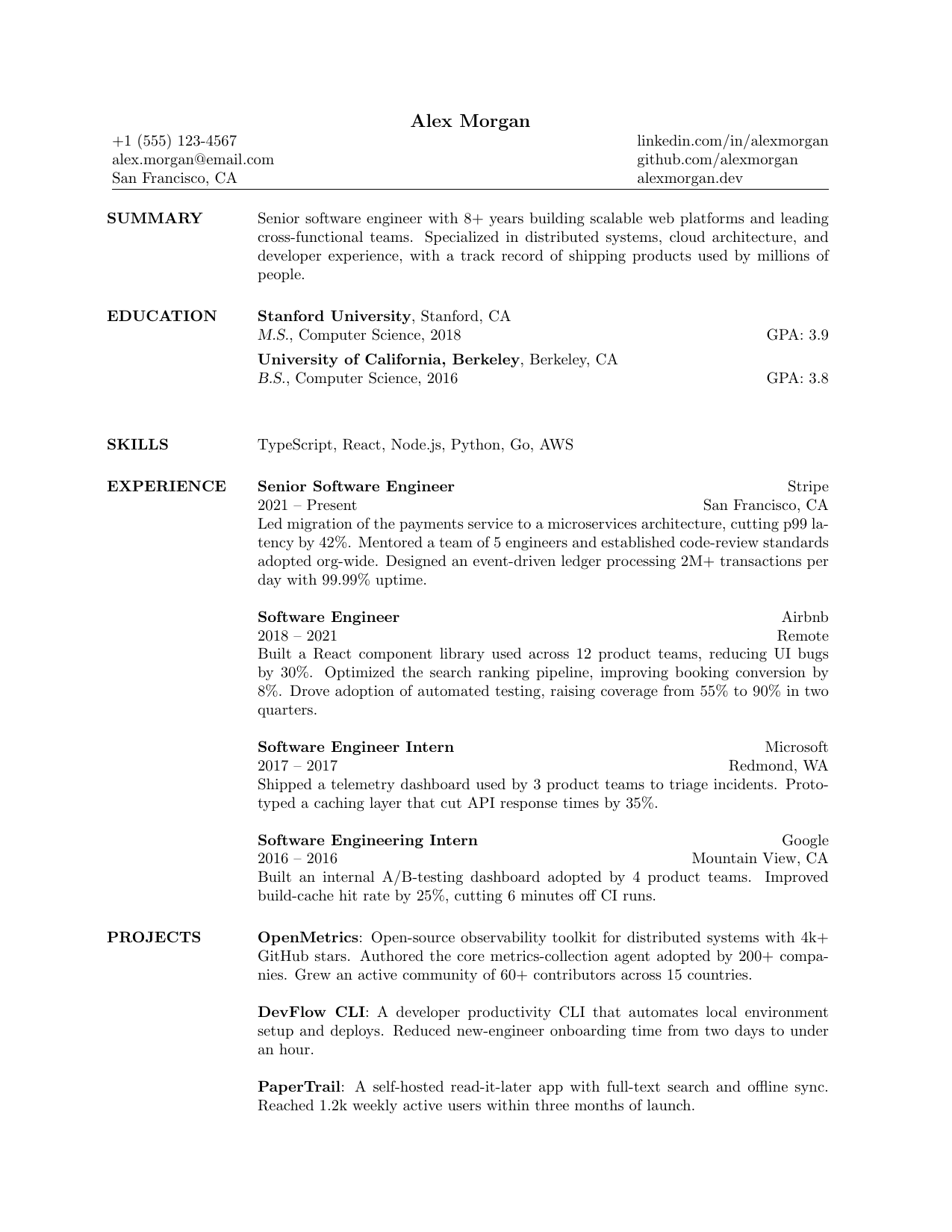 College Student LaTeX resume template preview
