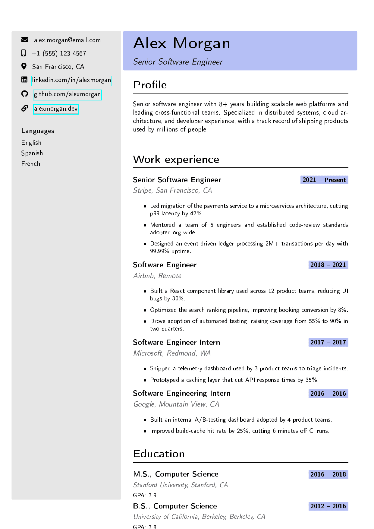 Senior Product Manager LaTeX resume template