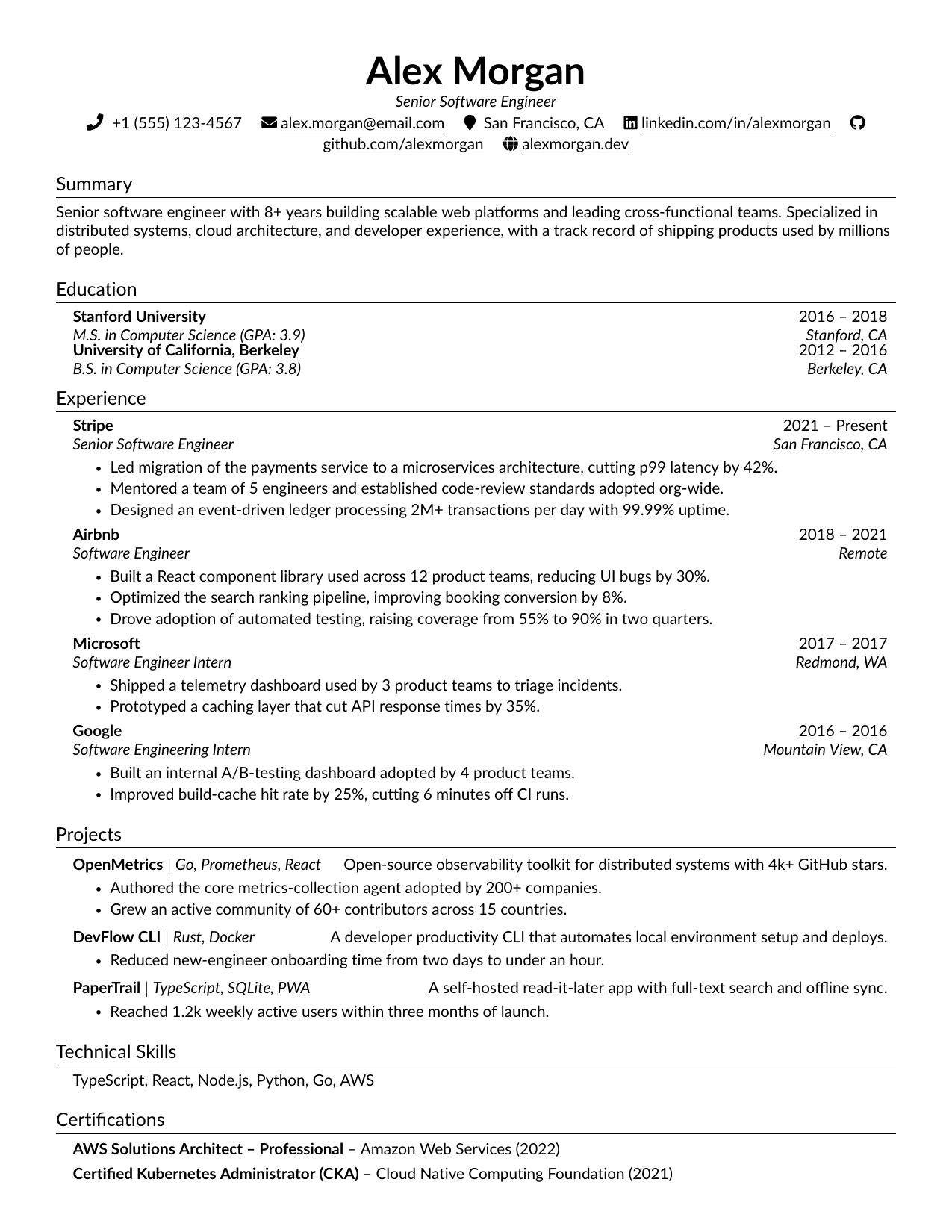 Software Engineering Manager LaTeX resume template