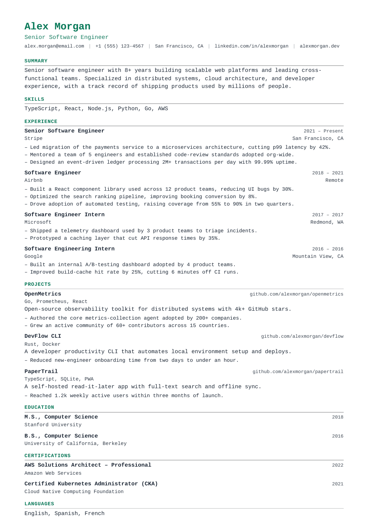 Site Reliability Engineer resume template