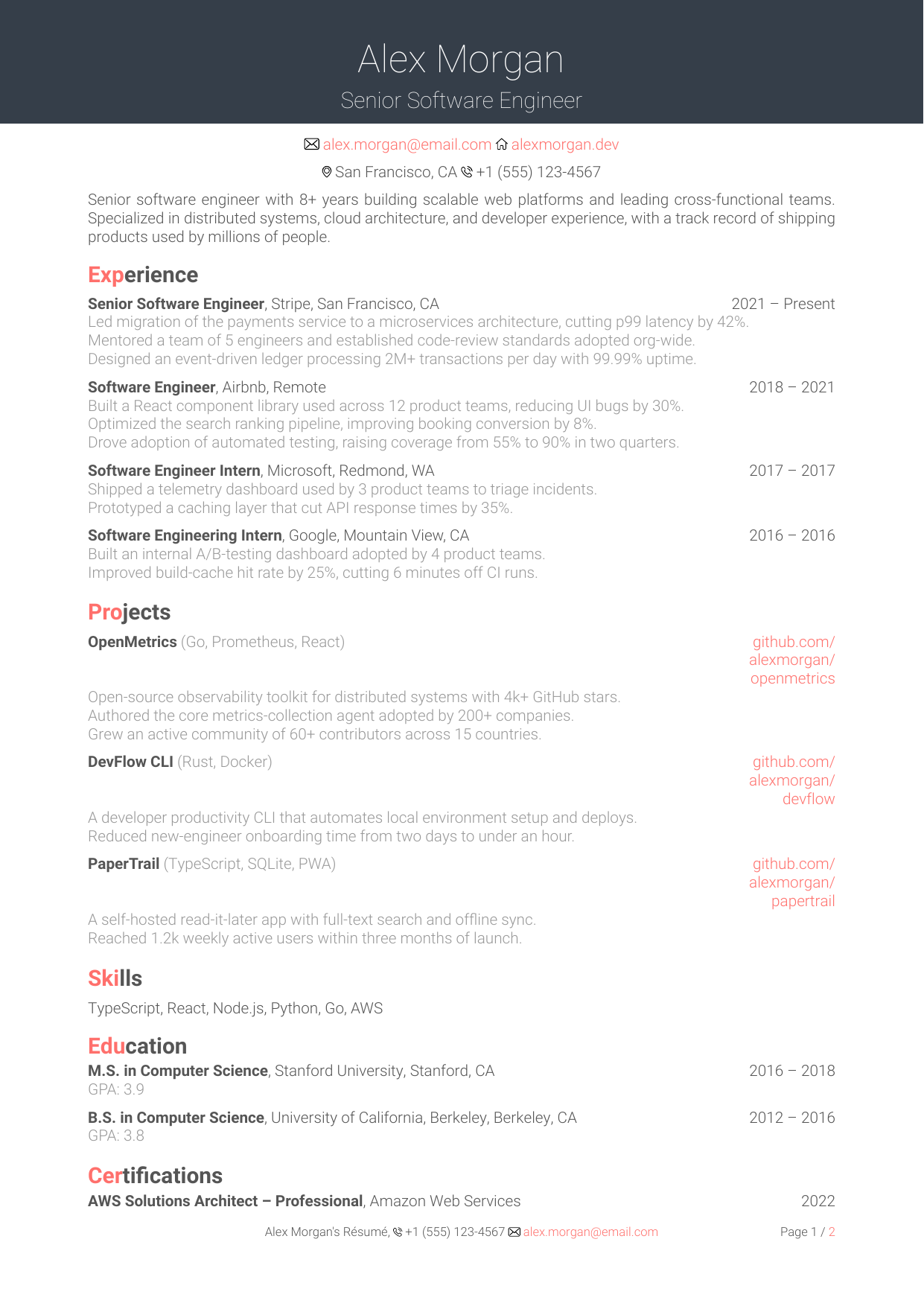 Software Developer resume template preview