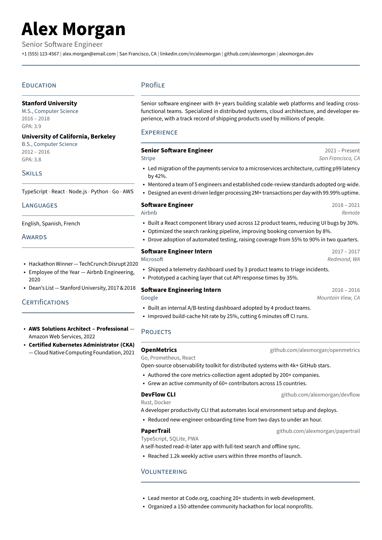 Senior Software Engineer resume template preview