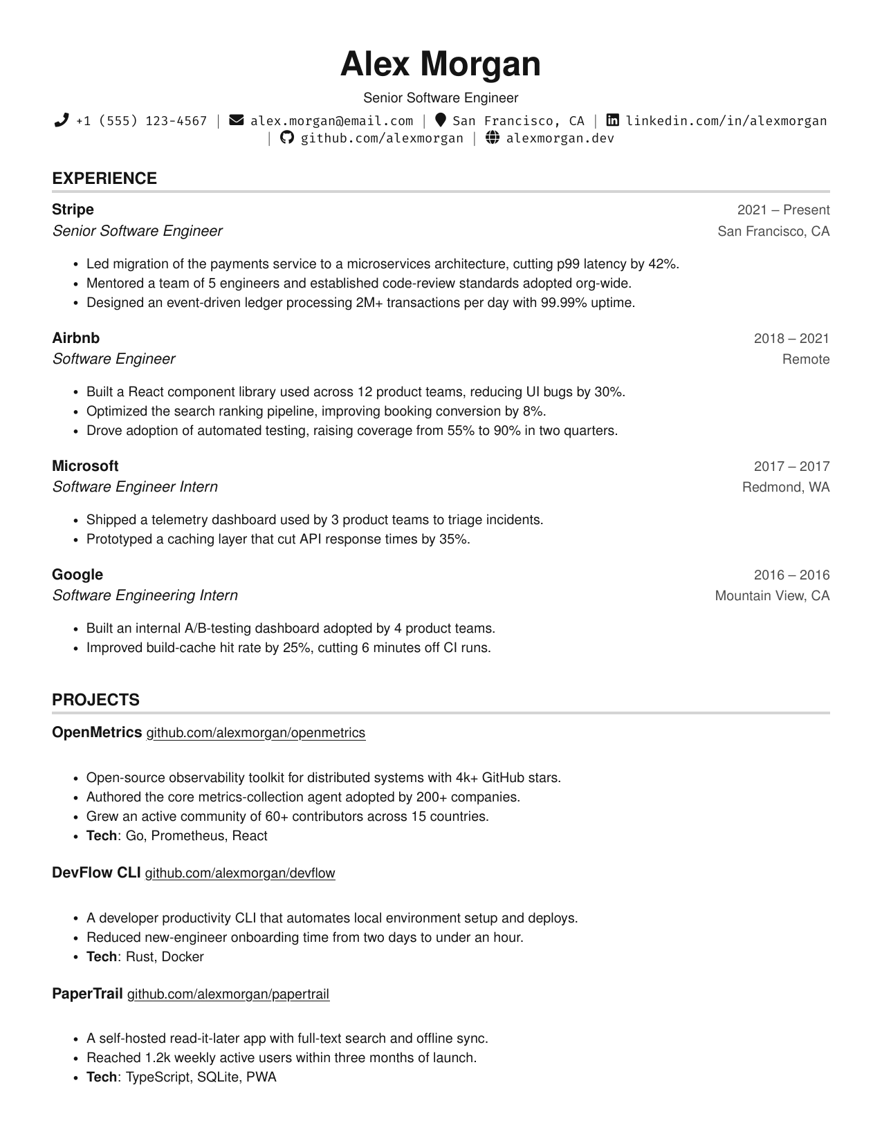 Full Stack Software Engineer resume template preview