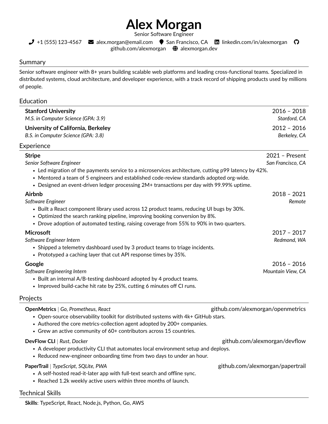 Lead Software Engineer resume template preview