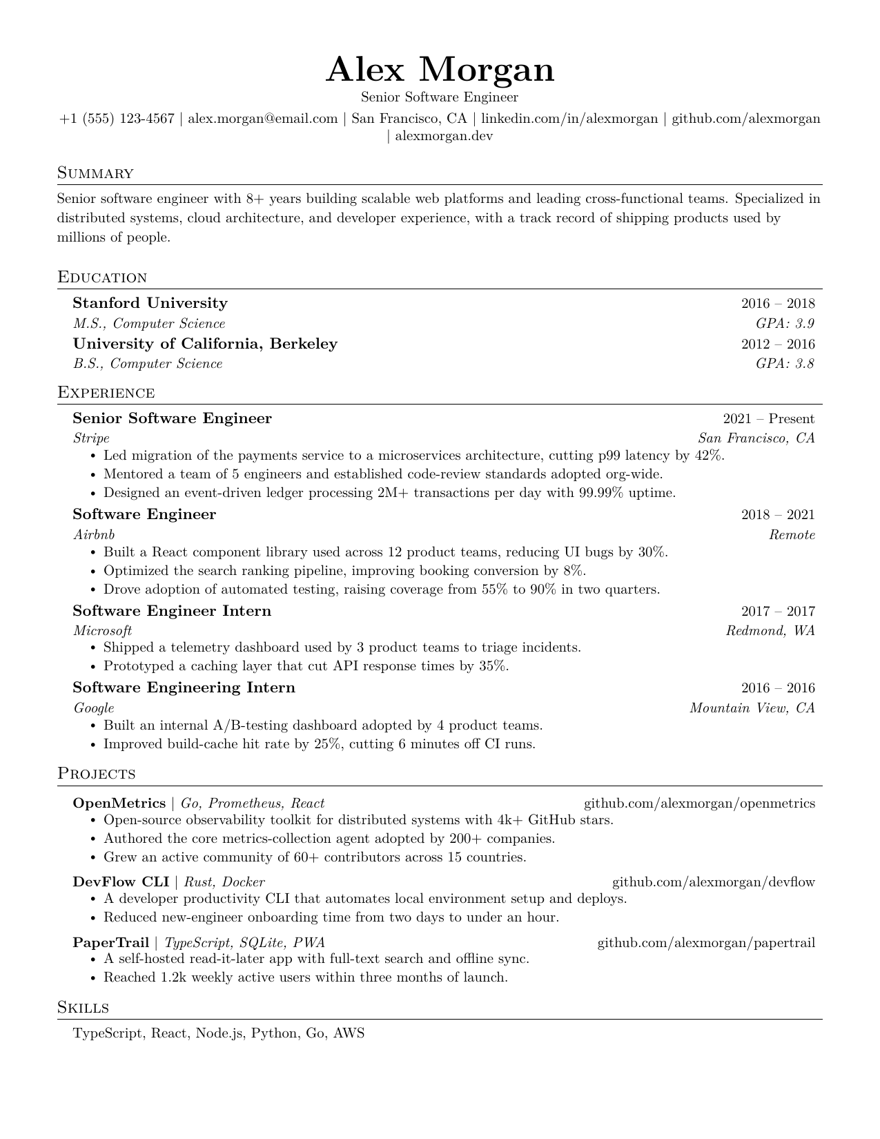 Software Engineer resume template preview
